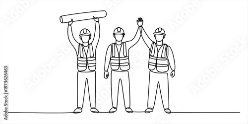 A single line drawing of three construction workers celebrating their success on a project site Vector, illustration