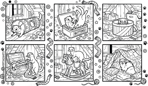 Colorbook style black and white vector art playful ferrets exploring buttons box scarf rocking horse and cozy blanket fort in attic with detailed patterns and paw prints