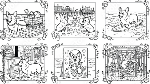 Colorbook style seaside corgi puppies playing with sandcastle wagon and surfing near boardwalk arcade and carousel in beachside fun summer scene detailed line art illustration