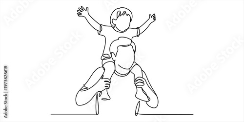 A single continuous line drawing of a happy child sitting on the shoulders of their loving father Vector, illustration