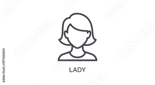 a simple line art icon of a womans head and shoulders representing a female user profile or lady avatar for ui design.