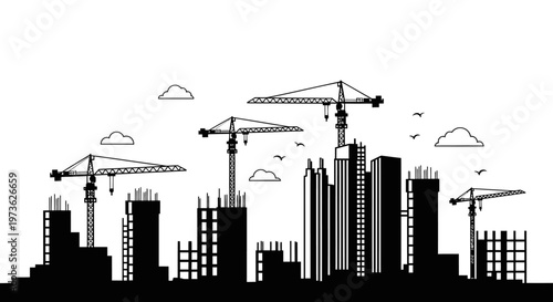 a modern cityscape undergoing significant development with multiple building construction sites and working cranes illustrating urban growth and progress.