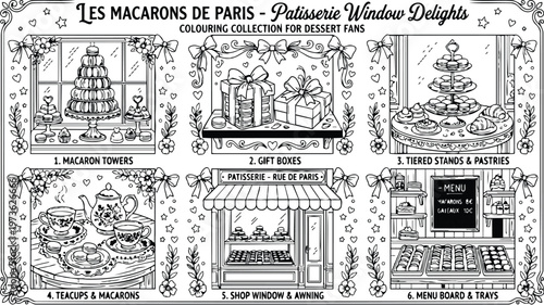 Colorbook style detailed outline of patisserie shop window with macaron towers gift boxes tiered stands pastries teacups shop awning menu board dessert collection