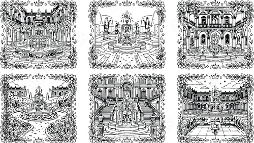 Colorbook style detailed fountain architectural designs with ornate floral borders symmetrical gardens courtyard statues stairs outdoor palace courtyard peaceful layout vector art