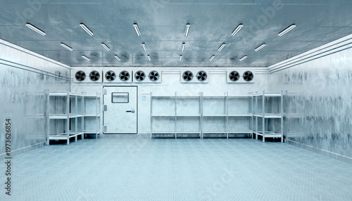 Cold storage facility, refrigeration engineering. Industrial freezer room with cooling fans and shelving for preserving food and temperature controlled goods 3d image