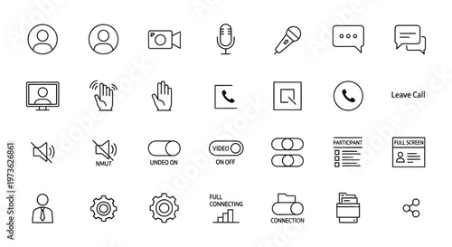 Business communication and contact line icon set with user profiles, phone, chat, email, camera, microphone, links, settings and support symbols isolated on white background.
