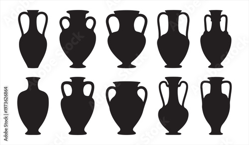 Ancient Greek pottery silhouettes set with amphora vase shapes classical collection