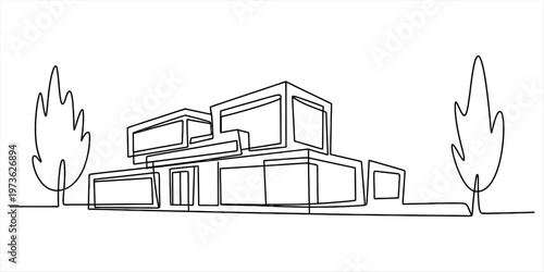 A minimalist single line drawing illustration of a modern house surrounded by two tall trees Vector, illustration
