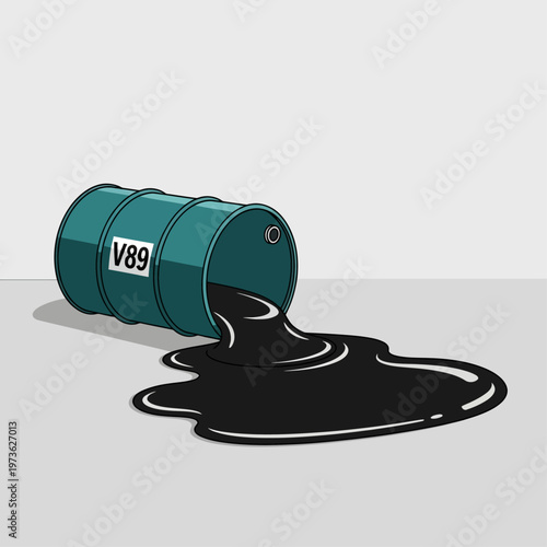 an overturned oil barrel spilling black crude oil onto a concrete surface representing environmental pollution and industrial waste