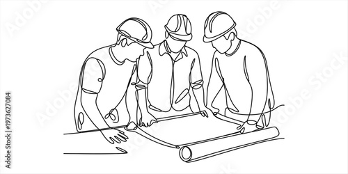 A continuous line drawing of three construction workers reviewing a blueprint at a job site Vector, illustration