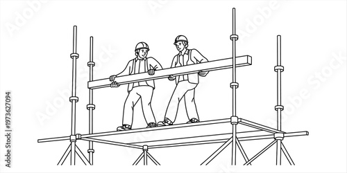 Two construction workers wearing hard hats lifting a heavy wooden beam on a metal scaffold platform Vector, illustration