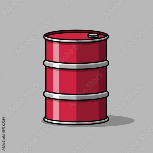 a red oil barrel an industrial drum and storage container stands isolated on a plain grey background representing fuel and petroleum.