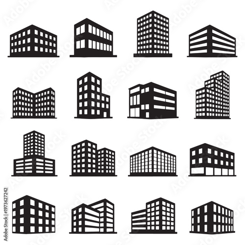 Urban Building Silhouette Icon Set for Modern City Architecture and Real Estate Design Projects