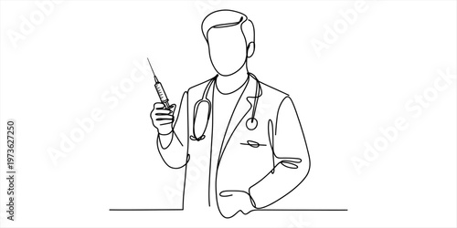 Continuous line drawing of a doctor in a lab coat holding a medical syringe for vaccination task Vector, illustration