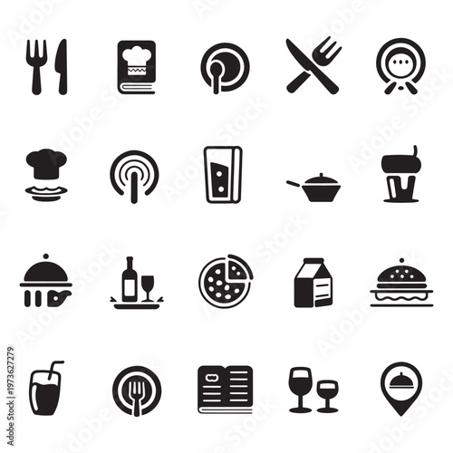 Black Line Restaurant Kitchen Utensils Icons Set, Vector 