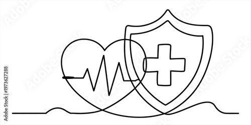 A single continuous line drawing of a human heart and a medical shield for healthcare concepts Vector, illustration