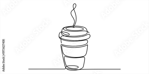 Minimalist single continuous line drawing of a steaming hot takeaway coffee cup on white background Vector, illustration