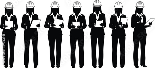 Black silhouette of female engineers and architects wearing hard hats holding clipboards and documents for construction and industrial project management
