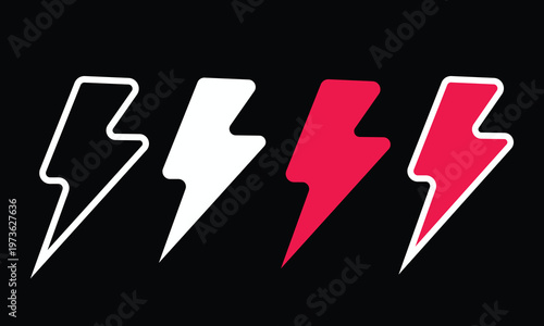 White and Pink Neon Lightning Bolt set with glowing edges on black background, Vector thunder strike icons for fashion and energy concepts, professional flash illustrations.