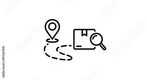 Delivery tracking icon: package, map pin, and magnifying glass on a dotted line path