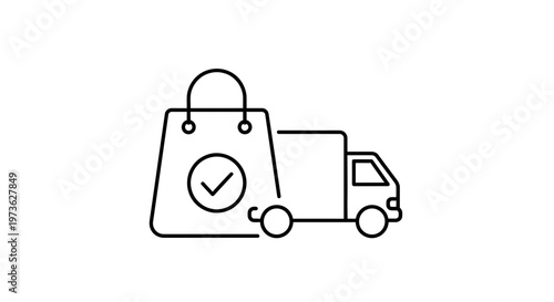 Delivery Truck and Shopping Bag with Check Mark Icon, E-commerce and Logistics Concept