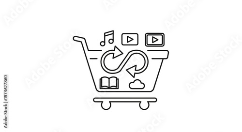Digital Media Shopping Cart with Icons: Music, Video, Cloud, Book, Infinity Loop
