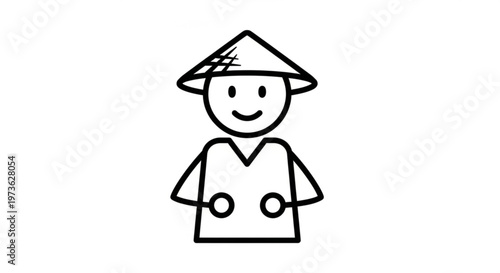 Smiling asian person wearing traditional conical hat and attire simple line drawing minimalistic style black and white