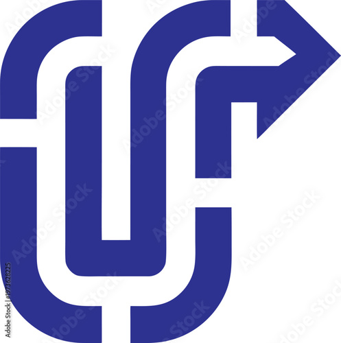 A blue maze graphic on a white background shaped like a complex path leading toward an exit arrow.