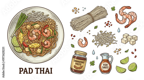 Hand Drawn Vector Set of Traditional Pad Thai Dish with Ingredients Including Shrimp, Rice Noodles, Tamarind Paste, and Fish Sauce