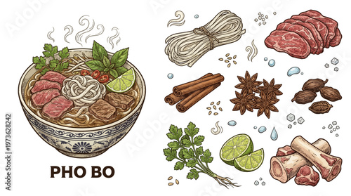 Traditional Vietnamese Pho Bo Noodle Soup with Beef and Fresh Ingredients Vector Illustration