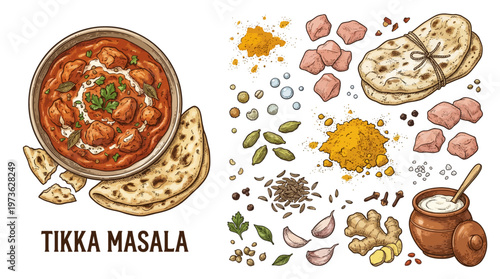 Traditional Indian Chicken Tikka Masala with Naan Bread and Spices Hand Drawn Vector Illustration
