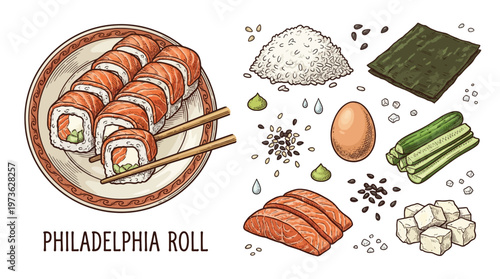 Hand Drawn Philadelphia Sushi Roll Vector Illustration with Ingredients like Salmon, Rice, Nori, and Cucumber on Black Background