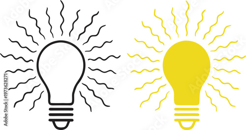 A graphic design showing two lightbulb icons one in a simple black outline and one in solid yellow