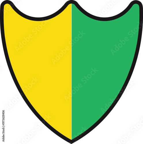 A flat vector illustration of a heraldic shield divided vertically into yellow and green halves