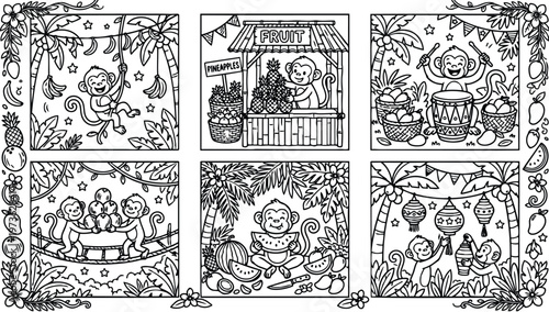 Colorbook style vector art set showing cheerful monkeys playing with tropical fruits swinging on vines selling pineapples hitting drums decorating lanterns detailed playful jungle scenes