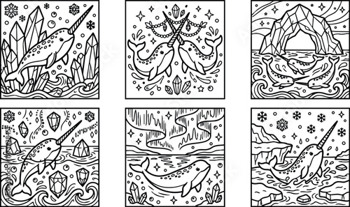 Colorbook style narwhal illustrations with crystals ocean waves snowflakes and northern lights in playful minimalist vector art set