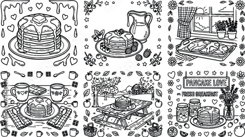 Colorbook style detailed pancake stacks with syrup dripping close up and breakfast table setting with mugs plates jars picnic and kitchen window bright morning outdoors
