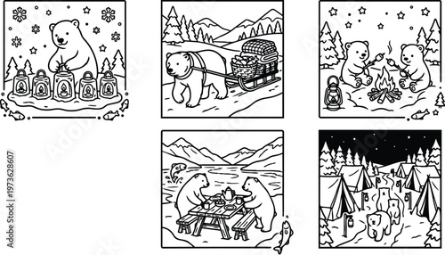 Colorbook style vector art of playful polar bears camping roasting marshmallows drinking tea pulling sled in snowy forest with stars and mountains scenic night outdoors