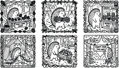 Colorbook style vector set with six hedgehog scenes selling pine cones gathering firewood making berry jam knitting and directing to craft fair outdoor forest woodland design