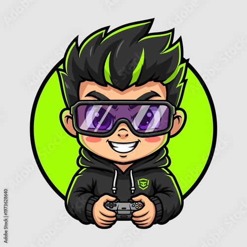 Cartoon gamer boy with VR glasses and controller, vibrant gaming character.