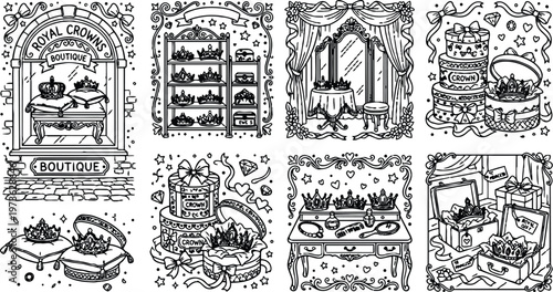 Colorbook style detailed line art of royal crowns boutique window display various crown boxes vanity table with crowns and jewelry decorative frames elegant vintage style