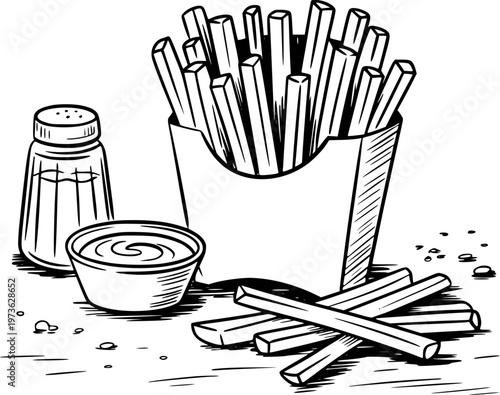 Hand drawn black and white of french fries in a carton with dipping sauce and salt shaker