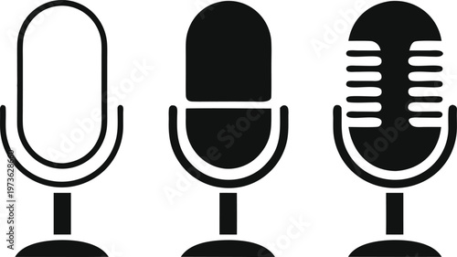 A set of three distinct black microphone icons displayed on a plain white isolated background