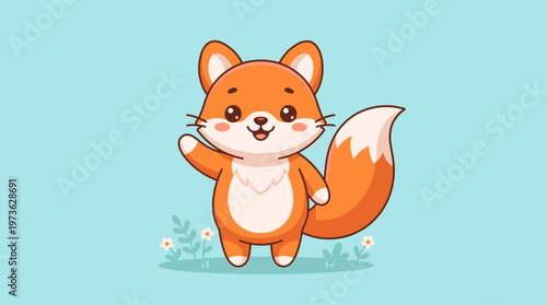 This charming flat design illustration features a cute anime-style fox character with big eyes, cheerfully waving its paw. A simple and friendly graphic perfect for various uses.