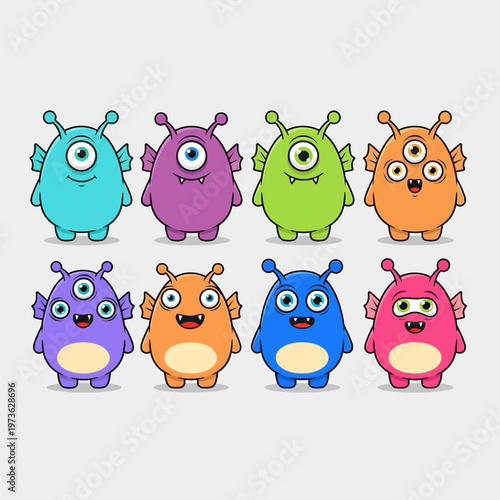 Collection of Adorable Cartoon Monsters with Various Colors and Eyes.