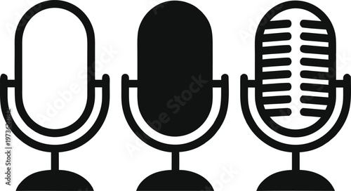 Three distinct black and white microphone icons representing audio recording and broadcast media
