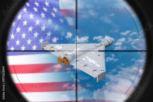 Tableau sur toile Military drone resembling loitering munition flies in targeting sight against blurred USA flag background
