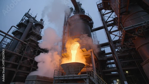 Molten metal pouring from industrial furnace, smoke and steam, heavy industry at dusk