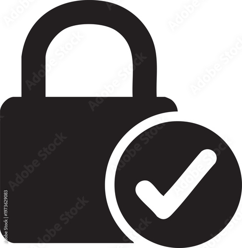 Secure, Locked, Checkmark Icon, Security Symbol, Black Vector Graphic