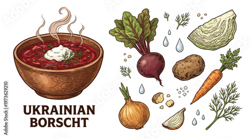 Ukrainian Borscht Vector Illustration with Fresh Ingredients Beetroot Carrot Potato Onion and Cabbage